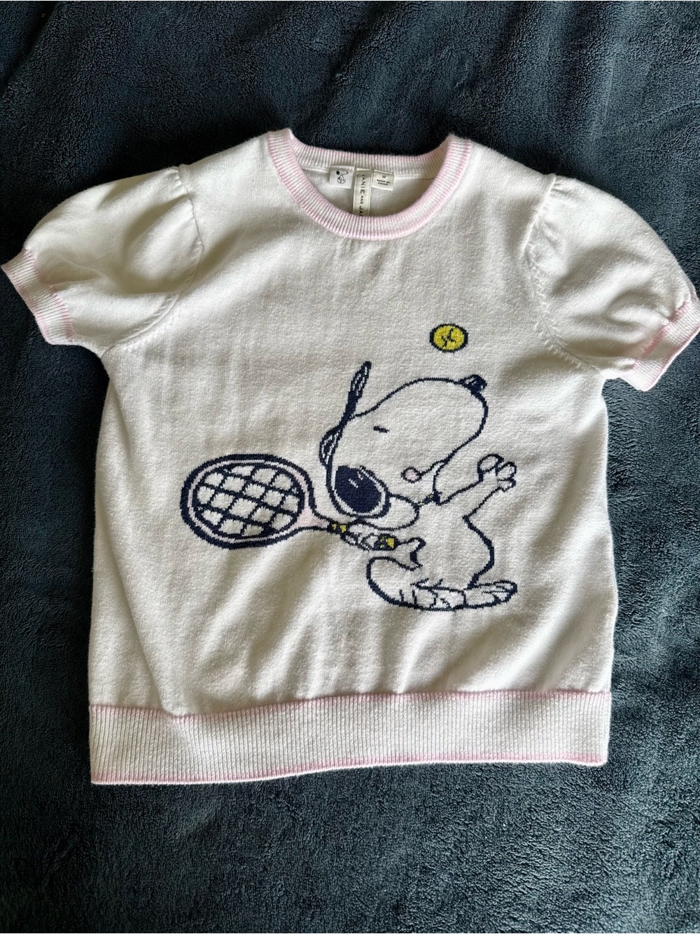 Janie and Jack White Short Sleeve Snoopy Tennis Knit Top with Pink Trim